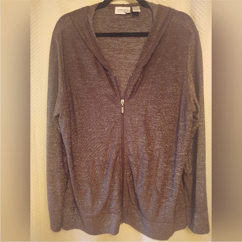 Chico’s Travelers chocolate brown sparkling zip up hoodie. Size XL Like New